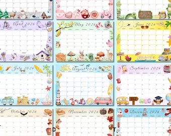 2026 Monthly Calendar, Cute Printable 2026 Planner for Kids, Home School Work Office Organizer, PRINTABLE PDF, Instant Download