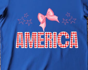 Patriotic Coquette USA PNG, America 4th of July Shirt Design, Preppy Blue Jean Bow PNG, Sublimation Transfer, Independence Day Digital Downl