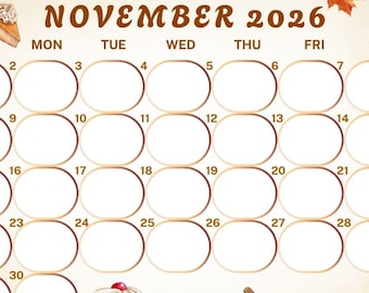 November 2026 Printable Calendar Horizontal Monthly Calendar November 2026 Planner Sunday Start Letter Seasonal Calendar Instant Download