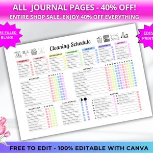 May include: A printable cleaning schedule with a white background, featuring a weekly and monthly planner. The schedule includes sections for everyday, quarterly, and annual tasks. Text includes "Cleaning Schedule" and "Free to Edit - 100% Editable with Canva."