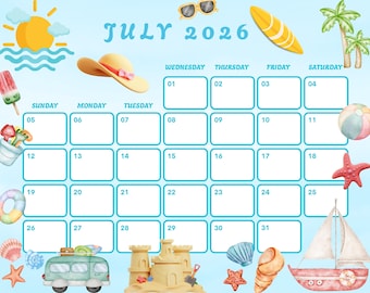 2026 JULY Monthly Calendar -  Cute Printable 2026 Planner for Kids, Home School Work Office Organizer, Printable PDF, Instant Download
