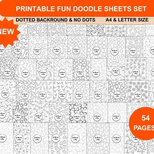 Op de afbeelding: Een set van 54 afdrukbare doodle-vellen met diverse patronen, vormen en ontwerpen. De vellen zijn A4- en letterformaat, met gestippelde achtergronden en geen stippen. De tekst "Printable Fun Doodle Sheets Set" is inbegrepen.