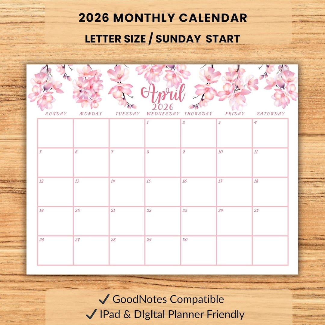 April Printable 2026 Calendar Watercolor Floral Monthly 2026 Planner ...