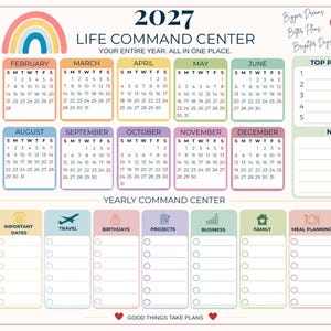 Könnte beinhalten: Ein 2027 Life Command Center Wandkalender mit Regenbogen-Grafik, zwölf Monatsübersichten, einer Prioritätenliste, einem Notizbereich und neun kategorisierten Aufgabenlisten für Ziele, Reisen, Geburtstage, Projekte und Essensplanung.