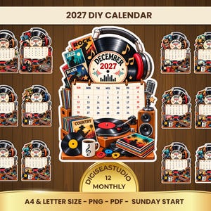May include: A 2027 DIY calendar set featuring twelve monthly pages with music-themed illustrations including vinyl records, headphones, microphones, and speakers. The central design displays a December 2027 calendar grid with a record player, coffee mug, and stacks of records. Text includes 2027 DIY CALENDAR, DIGISEASTUDIO, 12 MONTHLY, A4 & LETTER SIZE, PNG, PDF, and SUNDAY START.