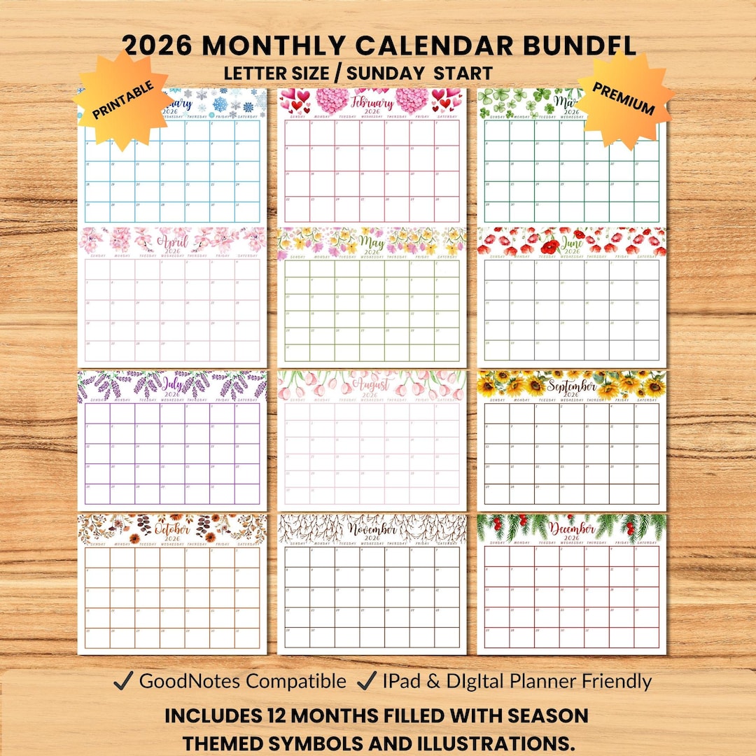 Printable 2026 Calendar Watercolor Floral Monthly 2026 Planner Cute ...