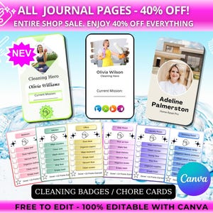 May include: An advertisement for cleaning badges and chore cards. The image features several cards with names and photos, along with chore checklists for various rooms. Text includes "Cleaning Badges / Chore Cards" and "Free to Edit - 100% Editable with Canva."