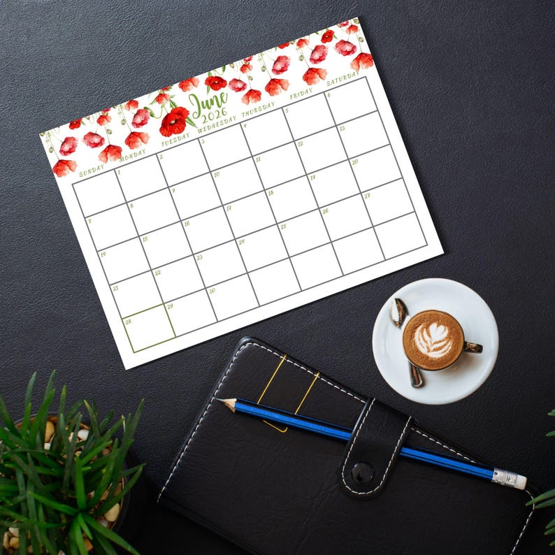 June Printable 2026 Calendar Watercolor Floral Monthly 2026 Planner ...