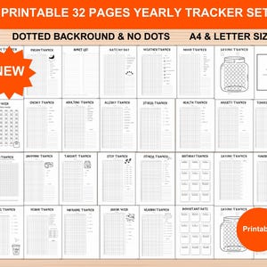 May include: A printable 32-page yearly tracker set with dotted backgrounds and no dots. Includes A4 and letter size pages. Features various trackers for habits, health, and finances. Includes a "NEW" and "Printable" sticker.