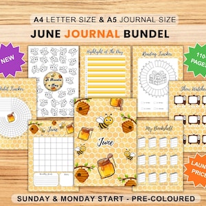 Op de afbeelding: Een verzameling voorgekleurde journaalpagina's met een bijen-thema. De pagina's bevatten gewoontetrackers, leestrackers en een maandkalender. De tekst bevat "June Journal Bundel", "A Doodle a Day" en "110+ Pages".