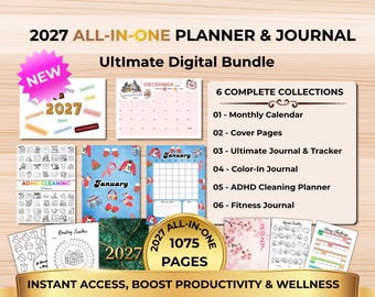 2027 All in One Planner Bundle, 1075+ Printable Pages, Calendar Journal Trackers, Coloring, Cleaning & Fitness Planner PDF