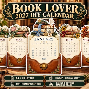 May include: A 2027 DIY calendar set titled BOOK LOVER featuring five individual monthly cards for January, March, May, July, and November. Each card displays a unique book-themed illustration and sits in a brown leather-textured pocket base.