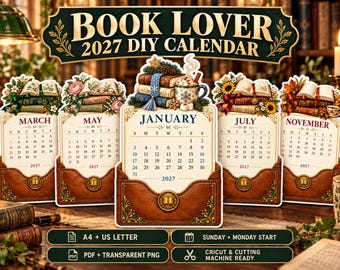 2027 Book Lover Desk Calendar, DIY Cricut PNG & Printable PDF, Vintage Bookish Gift, Sunday Monday Start