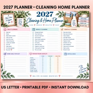 Puede incluir: Una hoja imprimible 2027 Cleaning & Home Planner con secciones para tareas de limpieza diarias, semanales y mensuales, objetivos del hogar y una lista de verificación por habitación. El diseño incluye follaje verde y artículos de limpieza.