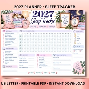 May include: A 2027 sleep tracker planner page featuring a monthly grid, sleep goals, bedtime routine, sleep stats, and reflection sections. The design includes illustrations of a cat, books, a lamp, and an alarm clock with text reading 2027 Sleep Tracker.