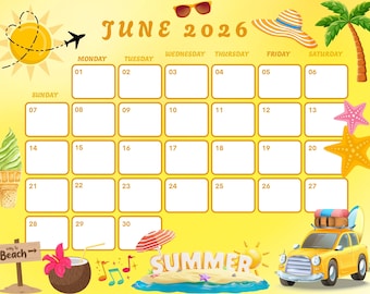 2026 JUNI Monatskalender - niedlicher druckbarer 2026 Planer für Kinder, Zuhause Schule Arbeit Büro Organizer, druckbare PDF, Sofort-Download