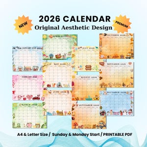 2026 Wall Calendar  - 2026 Monthly Planner Bundle – 12 Seasonal Aesthetic Pages | Cute Spring, Summer, Fall Christmas Theme | A4 Letter Size