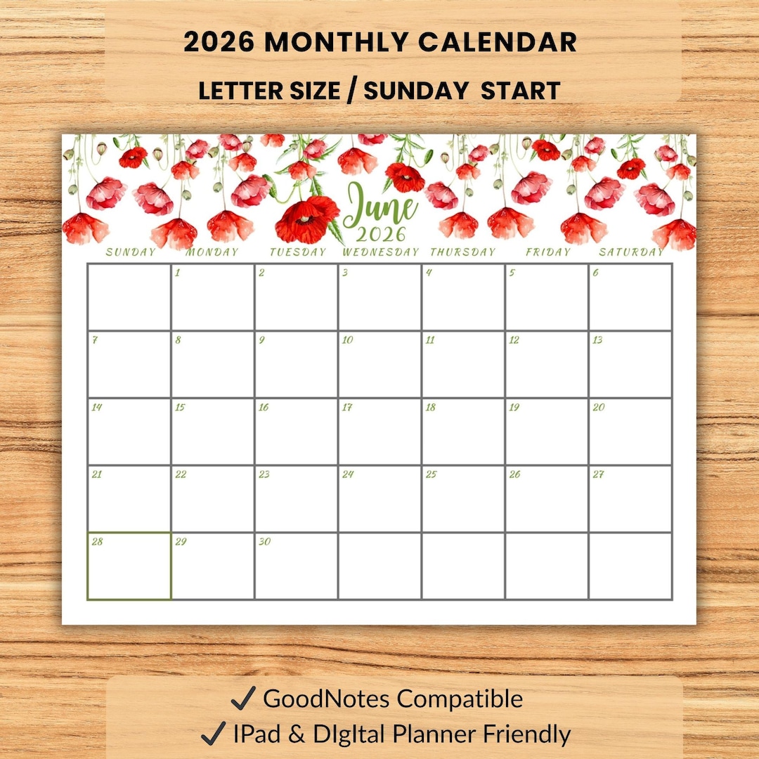 June Printable 2026 Calendar Watercolor Floral Monthly 2026 Planner ...