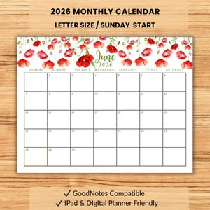 Pode incluir: Calendário mensal de 2026 com um design floral de papoilas. O calendário é de tamanho carta e começa ao domingo. O mês de junho é apresentado com um layout de grelha para cada dia. O texto "GoodNotes Compatible" e "iPad & Digital Planner Friendly" está incluído.