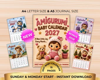 2027 2028 Amigurumi Calendar, Cute Printable Calendar, Baby Calendar PDF, Monthly Yearly Calendar, 1,000+ Page Bonus Bundle