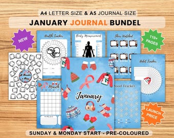 JANUARI Journal Bundel - Utskrivbar månadsplanerare, grönt Argyle-mönstertema, Bullet Journal, Direktnedladdning, A4 A5 Journal