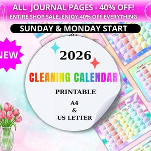 May include: A printable 2026 cleaning calendar with a rainbow-colored title, available in A4 and US Letter sizes. The image features a pink background with a floral arrangement and a "NEW" starburst.