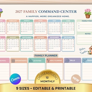 May include: A 2027 family command centre planner featuring a twelve-month calendar, sections for family focus, notes, and categories for school, appointments, activities, meal planning, bills, and travel, decorated with potted flowers and a house.