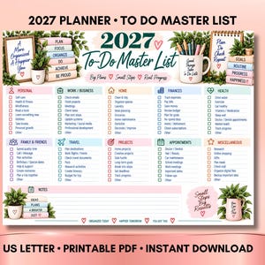 May include: A 2027 To-Do Master List planner page featuring categories like Personal, Work, Home, Finances, Health, Family, Travel, Projects, Appointments, and Miscellaneous. The design includes illustrations of potted plants, books, and mugs.