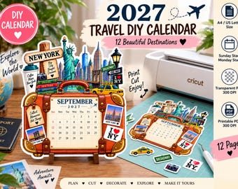 Reisekalender 2027 zum Selbermachen, druckbarer Cricut-Kalender, Kalender mit 12 Reisezielen, PNG-PDF