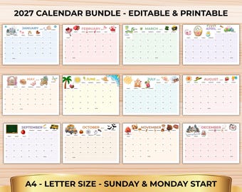 2027 Printable & Editable Calendar Bundle, 1075+ Pages, Monthly Calendar, Yearly Planner, Journal, Trackers, Coloring, Cleaning, Fitness PDF