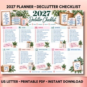 May include: A 2027 planner declutter checklist printed on a US letter size sheet. The document features sections for living room, kitchen, bedroom, bathroom, home office, closet, garage, digital declutter, and general tasks with checkboxes.
