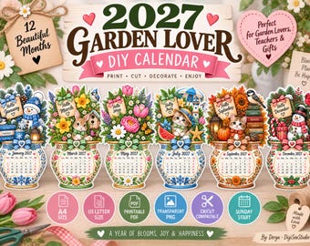2027 Garden Lover DIY Calendar, Printable Floral Calendar, Cricut Craft PNG, Cute Cat Calendar, Teacher Gift, A4 Us Letter