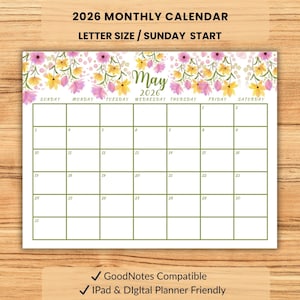 Puede incluir: Calendario mensual 2026 con diseño floral. El calendario es tamaño carta y comienza el domingo. El mes de mayo se muestra con un borde floral de flores amarillas y rosas. Compatible con GoodNotes y iPad.