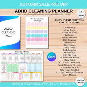 Op de afbeelding: ADHD schoonmaakplanner met een blauw en witte omslag. Bevat een 30-daagse opruimuitdaging, schoonmaakschema en dagelijkse, wekelijkse, maandelijkse en jaarlijkse schoonmaakchecklists. De planner is printbaar en bewerkbaar.