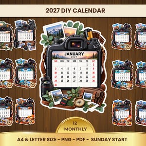 Könnte beinhalten: Ein 2027 DIY-Kalender-Set mit zwölf Monatsseiten im Kamera-Design. Jede Seite zeigt eine Illustration einer Digitalkamera, umgeben von Fotoausrüstung, Landschaftsfotos und einem Kompass. Enthält A4- und Letter-Format-Dateien.