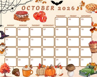 May include: A decorative October 2026 calendar with a fall theme. The calendar features illustrations of pumpkins, apples, a pie, and a ghost playing a guitar. The text "OCTOBER 2026" is at the top.