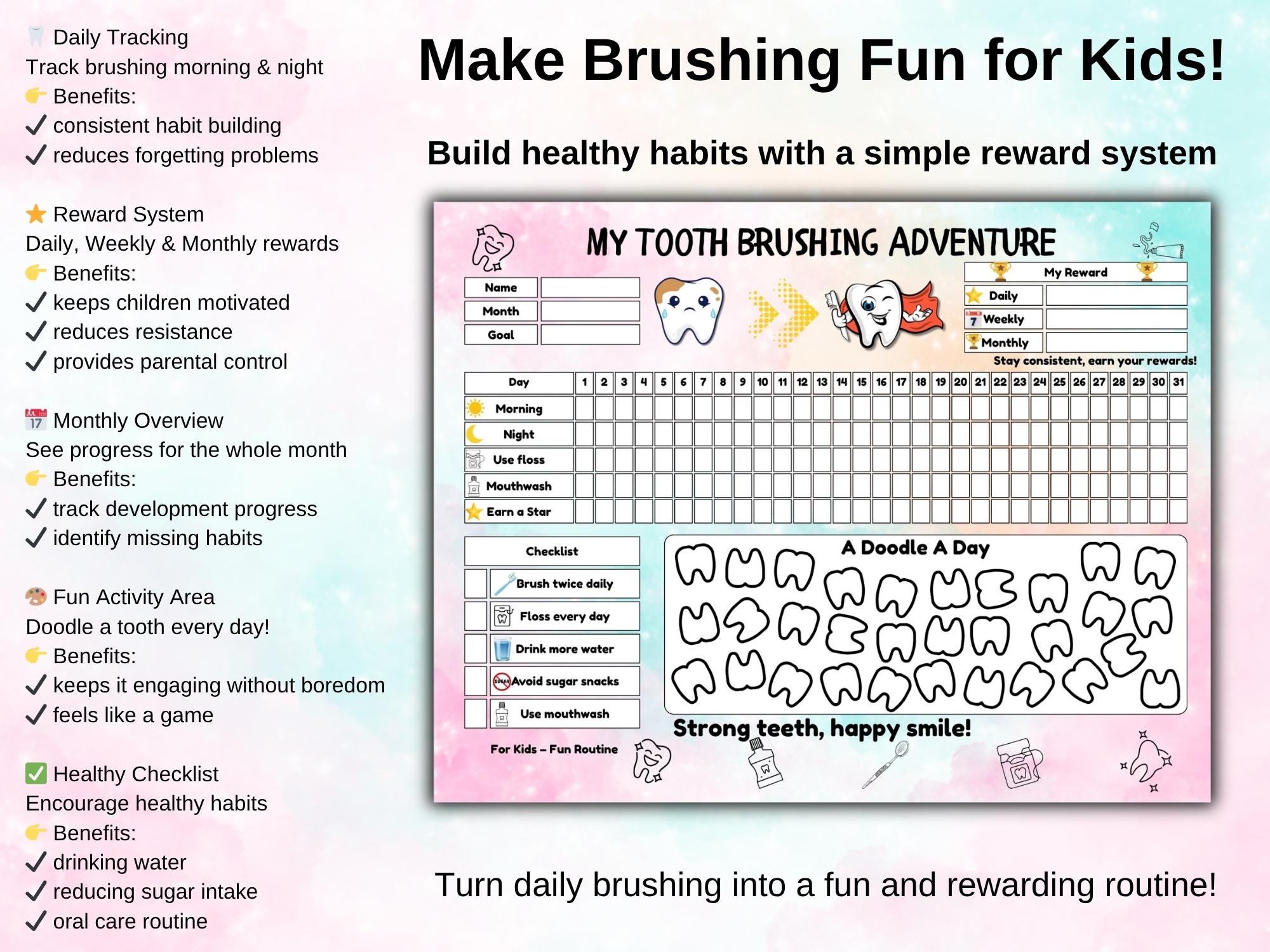 Printable Kids Tooth Brushing Tracker PDF | Dental Hygiene Chart for ...