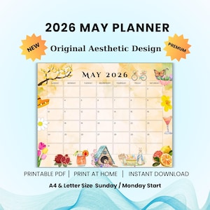 Op de afbeelding: Esthetische mei 2026 planner met een bloemen- en fruitontwerp. De kalender bevat de tekst "2026 MAY PLANNER" en "Original Aesthetic Design". Beschikbaar in A4- en Letter-formaat, met een zondag/maandag start.