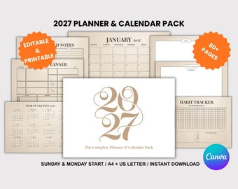 2027 Planner & Calendar Bundle, Editable Canva Template, Printable Planner, 2027 Calendar, A4 US Letter, Sunday Monday Start