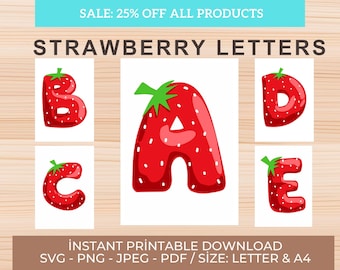 Clipart z alfabetem truskawkowym od A do Z | 26 liter | SVG PNG JPEG Pdf | Urocze litery z owocami do Cricut, sublimacji i drukowania, litery do podpisów