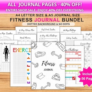 FITNESS JOURNAL BUNDLE - Printable Trackers Journal Pages - Digital Planner Pages - A5 & A4 Size - Value Pack - 56 Pages - Dots and No Dots