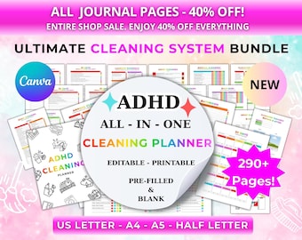 Zestaw 290-stronicowego, kompletnego planera sprzątania, planer sprzątania dla osób z ADHD, edytowalny system sprzątania Canva, planer organizacji domu do druku w formacie PDF-A