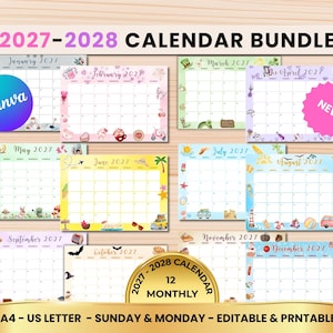 May include: A 2027-2028 calendar bundle featuring twelve monthly pages with seasonal illustrations. The printable sheets include text for each month and year, with a gold seal stating 2027-2028 CALENDAR 12 MONTHLY. Includes A4 and US Letter sizes.