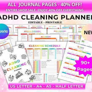 Planificador de limpieza para TDAH, lista de verificación de limpieza para TDAH, tabla de tareas para TDAH, programa de limpieza del hogar, tabla de tareas familiares, orden, PDF editable