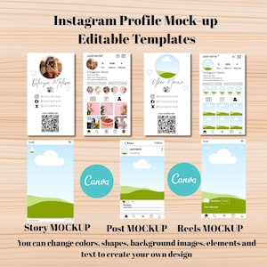 May include: Instagram profile mock-up templates with editable designs. The image shows several mock-ups of Instagram profiles, including story, post, and reels formats. The templates feature a clean, modern design with space for photos and text. The text in the image says "You can change colors, shapes, background images, elements and text to create your own design."