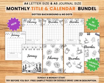 Monthly Title Pages & Undated Calendar Bundle | Black White Planner Pages | A4 - A5 | Dotted - No Dots | Seasonal - Minimal | Journaling