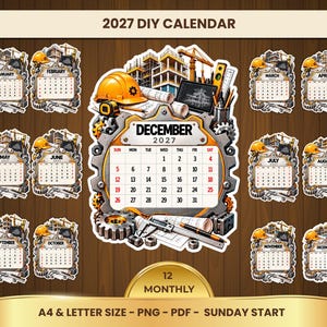 Könnte beinhalten: Ein 2027 DIY-Kalender-Set mit zwölf Monatsseiten zum Thema Bauwesen. Jede Seite zeigt einen Monat, ein Jahr und ein Raster, verziert mit Illustrationen von gelben Schutzhelmen, Bauplänen, Zahnrädern und Werkzeugen. Der Text umfasst 2027 DIY CALENDAR, 12 MONTHLY, A4 & LETTER SIZE - PNG - PDF - SUNDAY START.