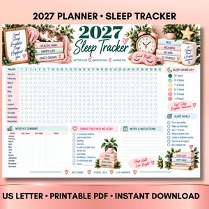 May include: A 2027 sleep tracker planner printable PDF featuring a monthly grid, sleep hours key, sleep goals, and notes section. The design includes illustrations of books, a cat, a clock, a sleep mask, a mug, and plants with text.