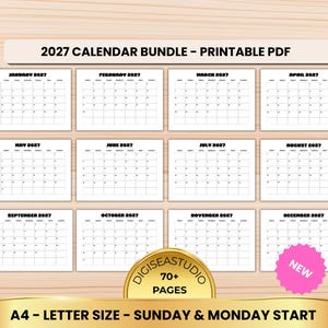 May include: A 2027 calendar bundle printable PDF featuring twelve monthly grid pages. The text reads 2027 CALENDAR BUNDLE - PRINTABLE PDF, DIGISEASTUDIO 70+ PAGES, and A4 - LETTER SIZE - SUNDAY & MONDAY START. Each month displays a standard grid layout.
