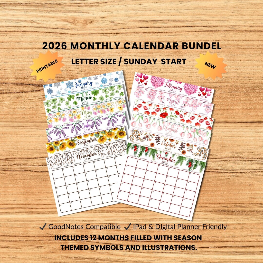 Printable 2026 Calendar Watercolor Floral Monthly 2026 Planner Cute ...